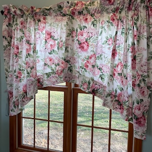 Choice of shabby chic roses balloon valance pair or reversible stripe/roses valance pair in gorgeous rose print