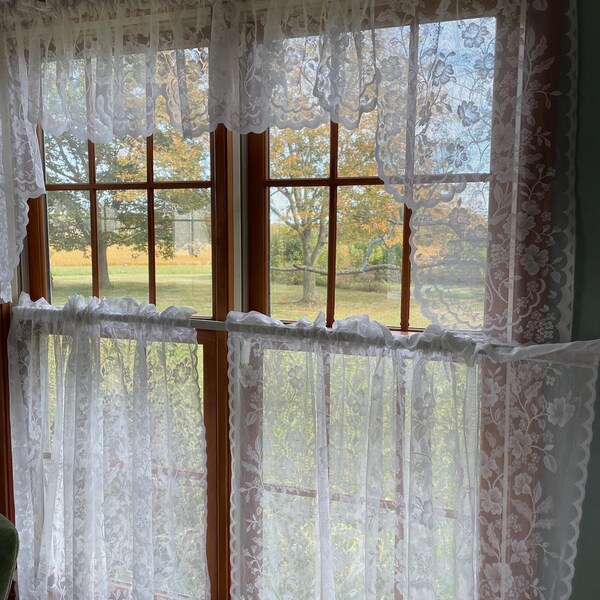 Beautiful Vintage Scalloped white lace sheer curtain panel(s) 54”x36” straight valance54”x15” or swags valance 54”x33”Several pieces availab