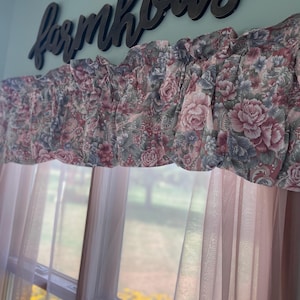 Choice of vintage sheers or balloon valance Pair of blush pink sheers 120”x62” long (2 Avail) or floral balloon valance in peach, mauve85x17