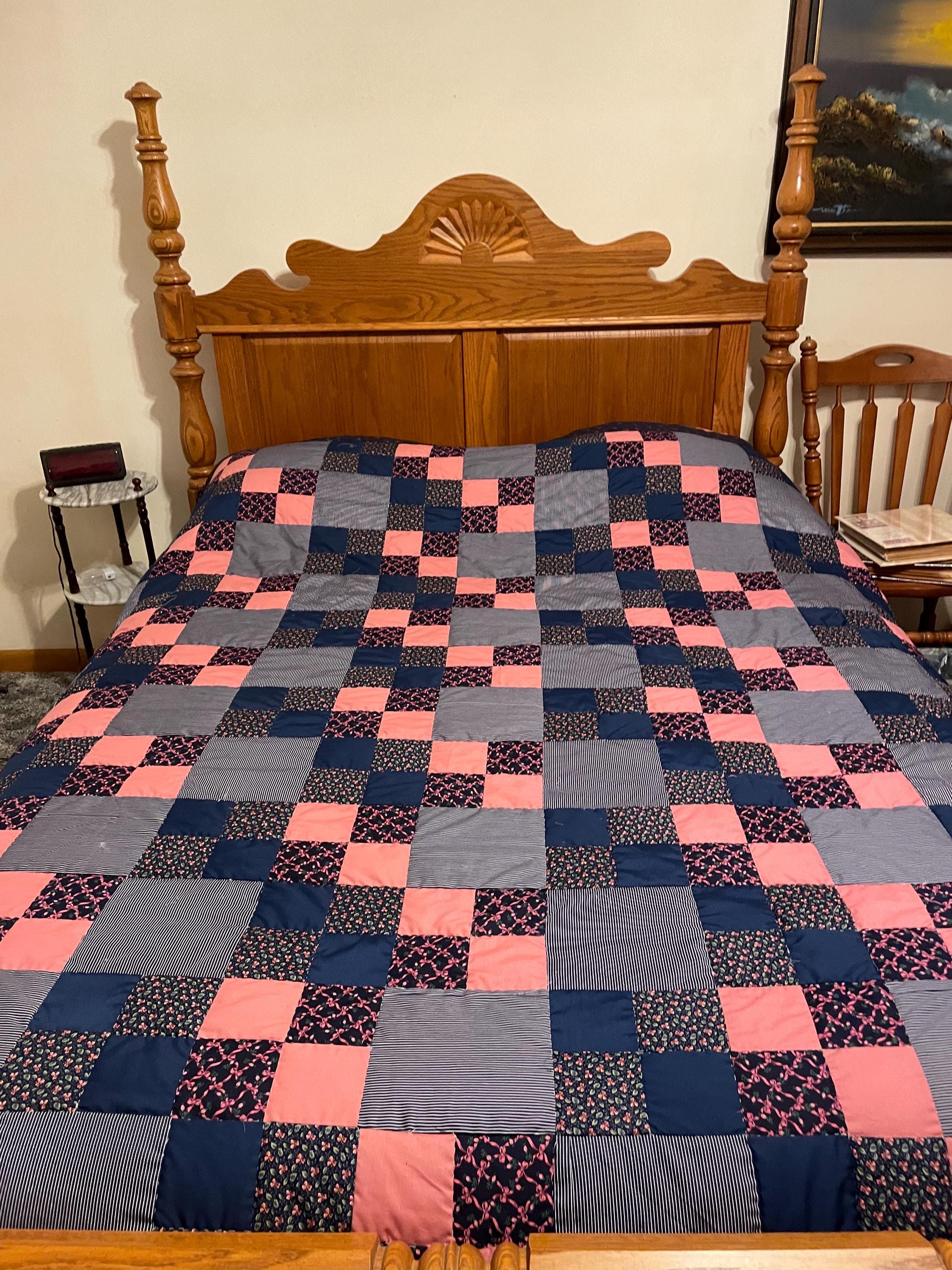 Beautiful Handmade Quilt in Navy Blue & Pink Patchwork Queen Size Quilt ...