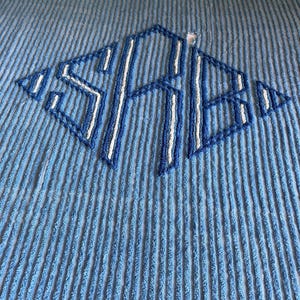 Vintage 1950’s Chenille Bedspread blanket with pretty dark sky blue and royal blue and white trim and monogram geometric design HAS HOLES