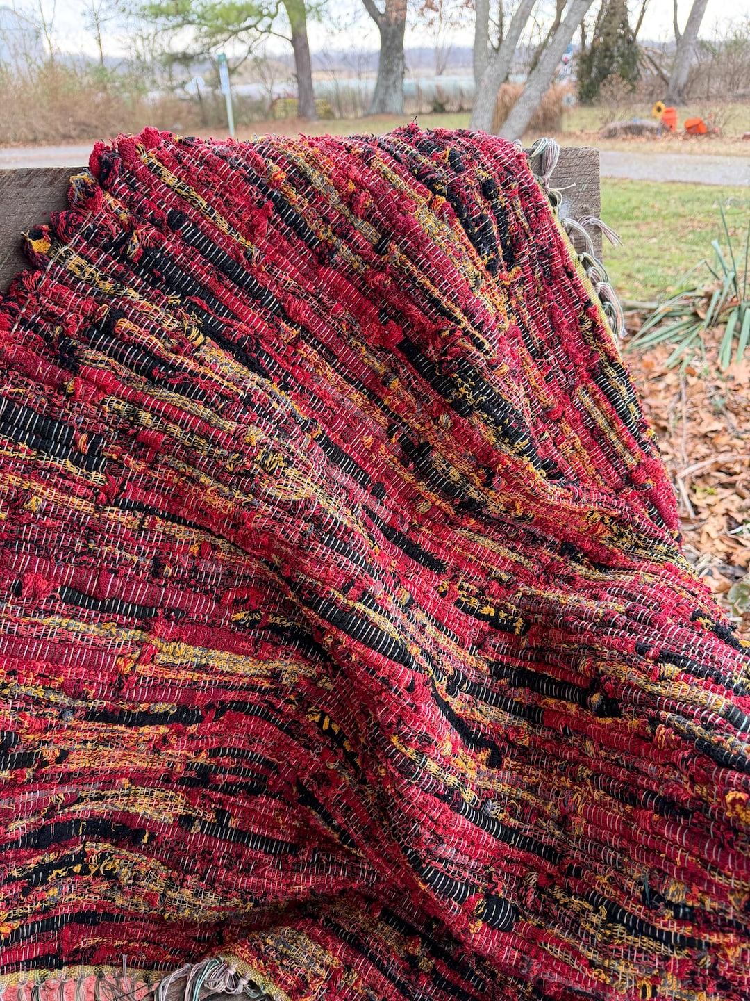 Hand Woven Handmade Rag Rug Dark Reds, Coral, Mustard, Gray and Black ...