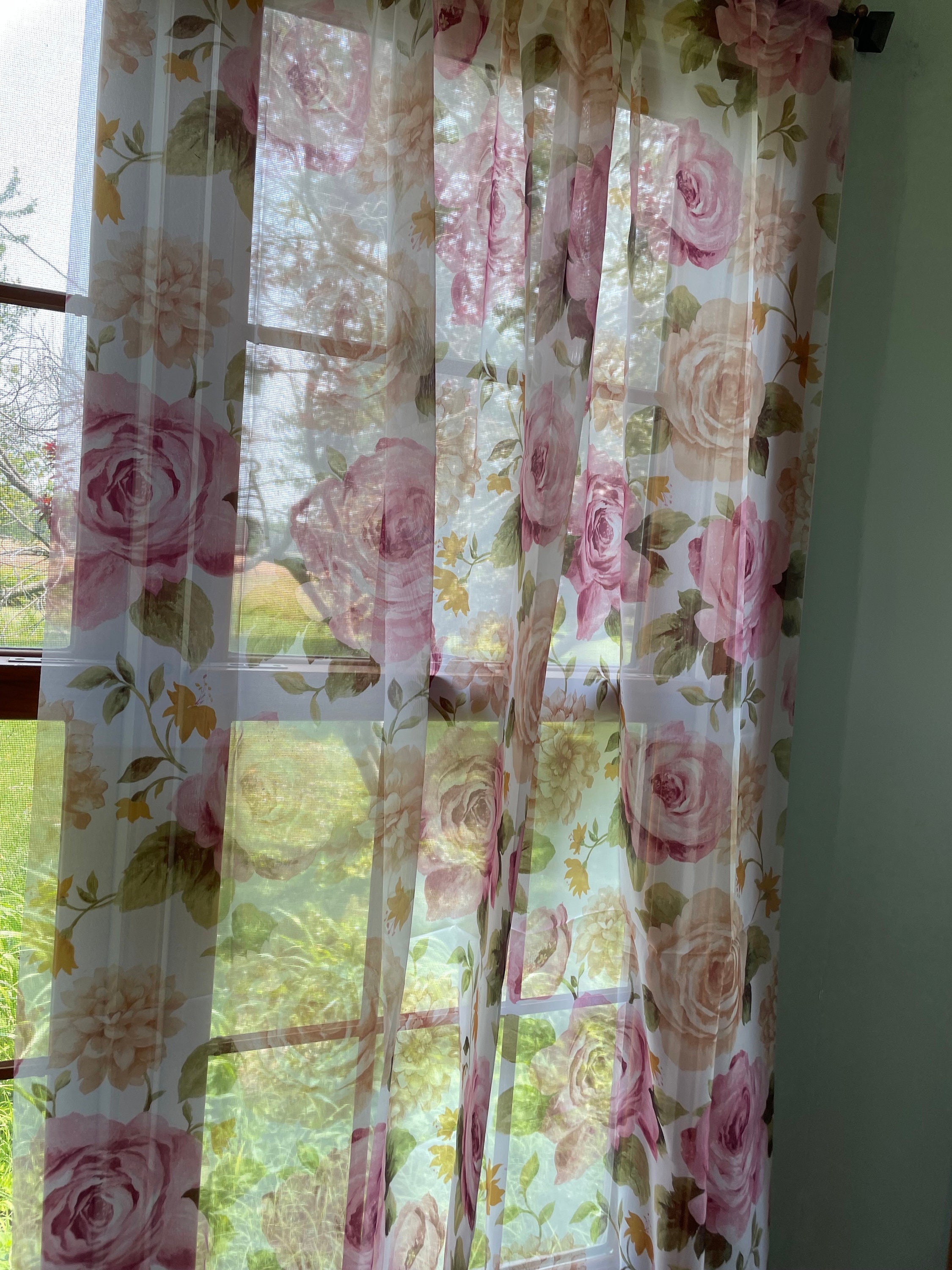 Pink Floral Window Curtains Nursery Drapes, Roses Flowers Girl