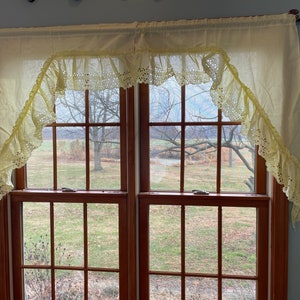 Pair of Vintage 1980’s Priscilla Swags in yellow eyelet percale lace each panel is 28” x 36”. Ruffle Kitchen curtains