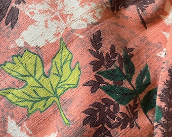 Vintage Barkcloth fabric Nearly 5 yards Coral color with lime green leaves, chocolate brown NOS excellent cond vat dyed midcentury Co Fab Co