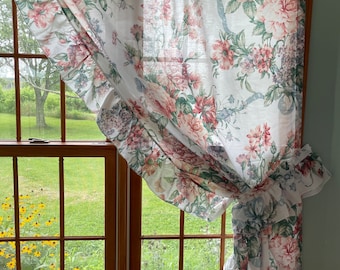 Vintage 1980’s shabby chic cottagecore priscilla curtain panels with large floral blush, pink, purple, blue on white background 47”x68”+more