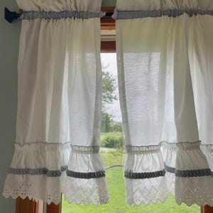 Choice Vintage 1990’s pair Sears tier panels with country blue or one piece semi sheer swag valance (s) with blue & beige flowers 66”x31”