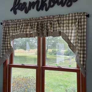 Cenefa para ventana estilo campestre a cuadros vichy verde salvia y crema vintage de 180 cm de ancho x 33 cm o juego de cenefas de 180 cm x 91 cm (35 cm cada una) 100 % algodón