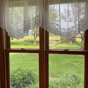 Vintage  Bright White Sheer Curtain Valance (s) 55”x25”  floral embroidered scalloped design on bottoms and hem on white sheer