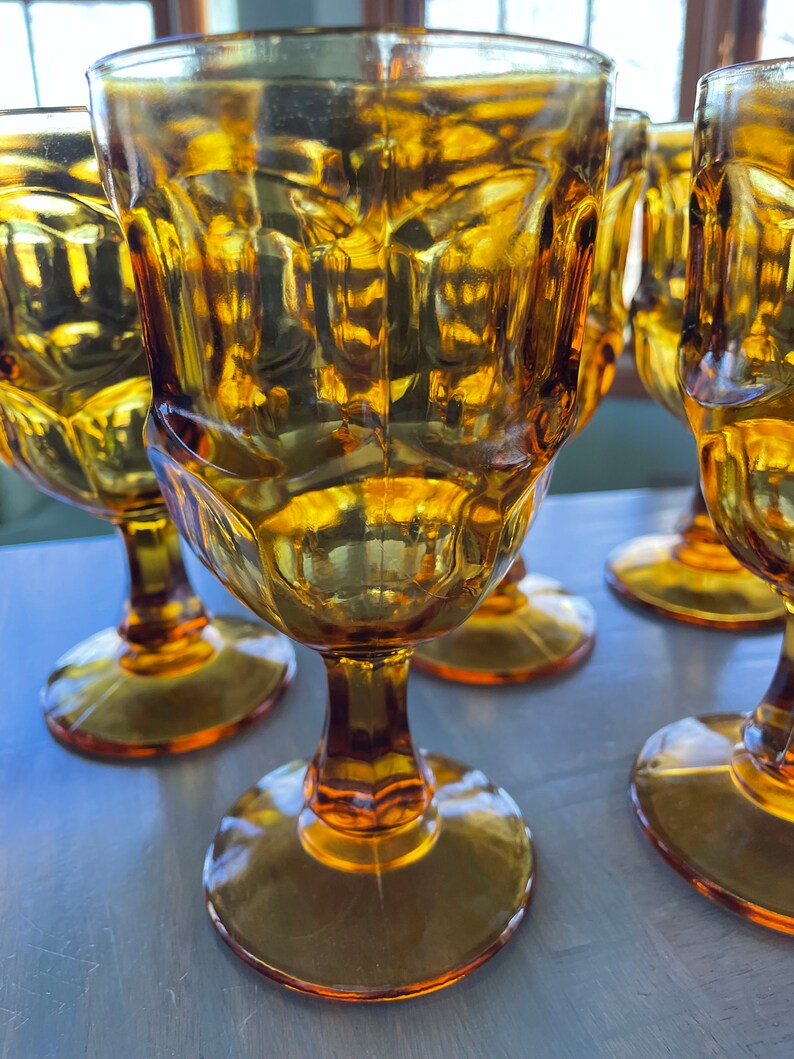Set of 5 Vintage Drinking Glasses Mcm 1970s Pedestal Heavyweight Amber