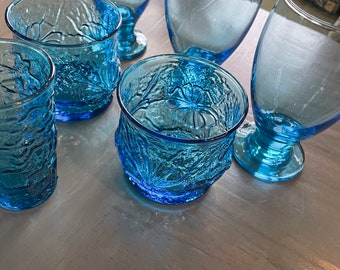 Choice of Pretty Vintage colored drinking glasses in tropical coastal aqua  blue MCM 1970 pedestal barware on the rocks orMCM Stetson platter