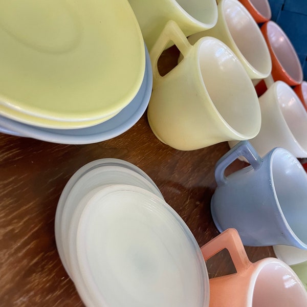 Vintage 1930’s children’s dishes cup saucer sugar bowl milk glass multicolored hostess set