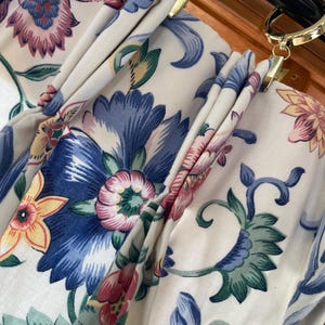 Stunning Vintage single panel pinch pleat Curtain in a Jacobean floral fabric 102”x85” in blues and burgundy and creamy white Waverly print