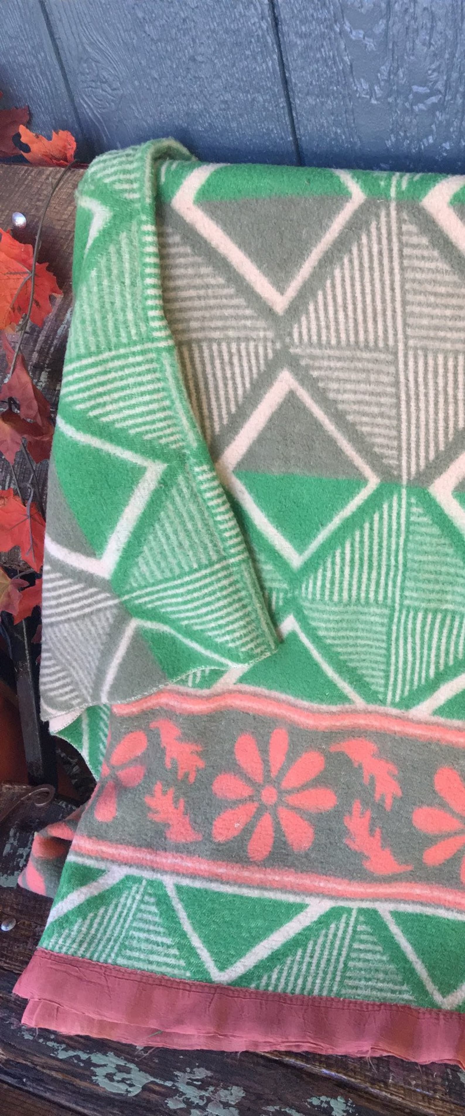 Vintage Cotton Woven Twin Blanket With Satin Binding in Green Etsy