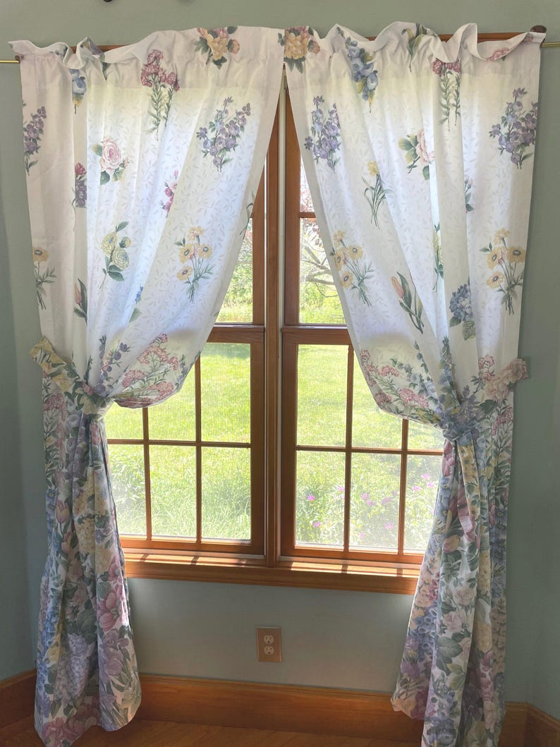 Vintage 1990’s floral tieback curtains French Country Flower Garden floral window valance, panels, Choose below pieces to fit your needs image 10