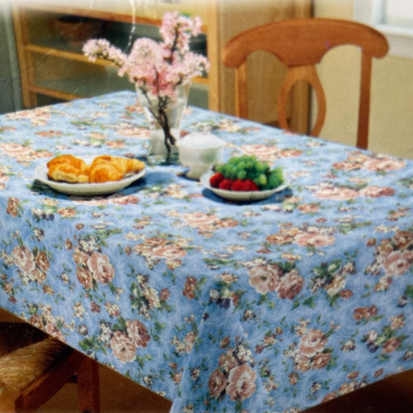 Choice of Vintage ‘90’s powder blue Tablecloth with apricot Wild Roses 102”x60” OR Blueberry Milk, lavendar, cream & sage plaid 56”x80”