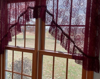 Vintage netted lace Priscilla swags curtains in dark burgundy wine. Left and and right ruffled panels are total 76”x14” Also 4 panels 40”x81