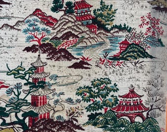 Vintage Barkcloth curtain single panel 43” wide x 79” long. Red, Gray, teal, brown, lime and more Japanese houses mtns. Pleating