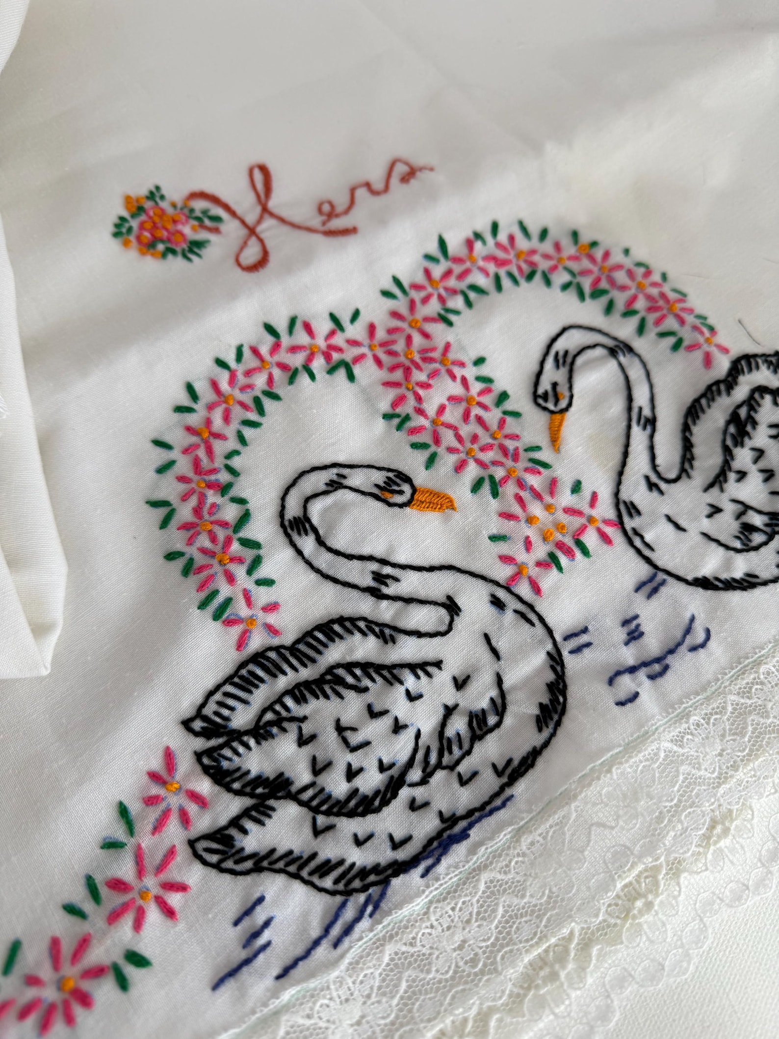 Pair of Vintage Embroidered Pillowcases with Swans His and Hers with lace trim and pink flowers. Would make a nice vintage wedding gift