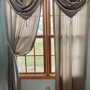 Hollywood Regency taupe satin drapes 38”x84”scalloped draping swag valance with tassels 34”x20” (5 valances & 3 Panels available)
