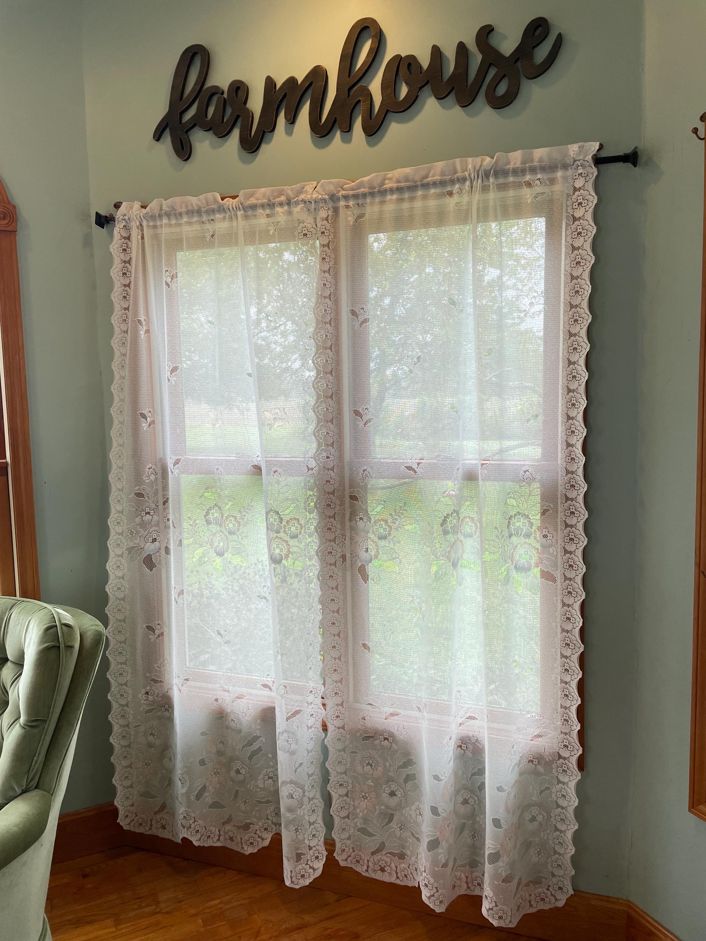 Vintage pair(s) floral lace curtains in creamy white 76”x81” w/ faint colored floral accents in peach and bluish gray 3 pair avail Scalloped