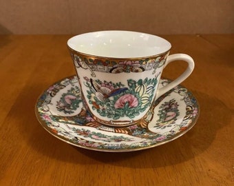 Antique Chinese Export Birds and Butterflies Cup and Saucer Famille Rose