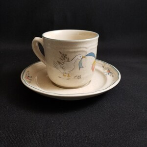 Vintage (1980s) Marmalade 8868 tea /coffee set (flat cup with saucer). International Stoneware Japan. Geese, blue ribbon, fruit.