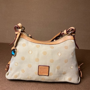 Dooney & Bourke, Bags, Dooney Bourke Vintage Blue Cream Signature Fabric  Small Shoulder Bag Tan Leather