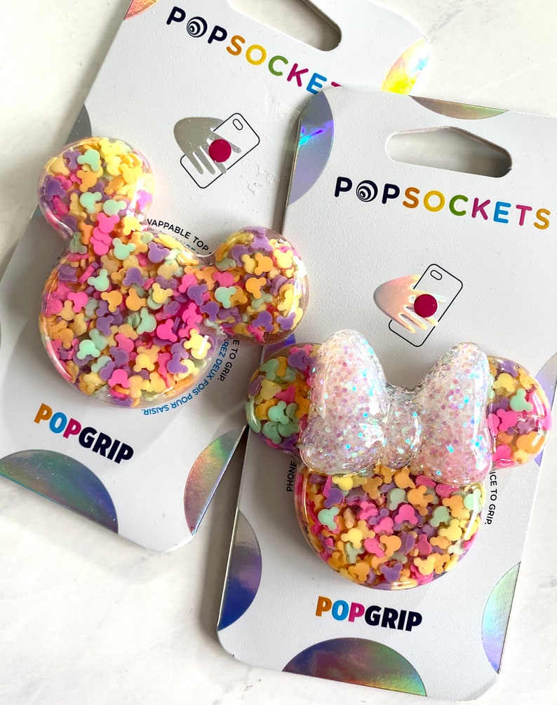 PINK COLOR SOCKET, Mickey Pop Socket, Swappable Unique Minnie Ears Pop Grip, Designer Shiny Confetti Mobile Pop Socket 