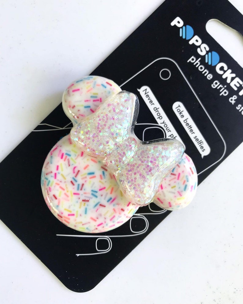 Mickey inspired pop grip, Funfetti sprinkles phone socket, Minnie badge holder, minnie mouse 1st birthday, minnie mouse ears band, 