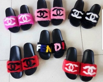 chanel inspired fur slides