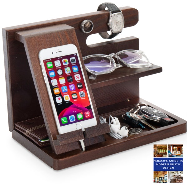 Wood Docking Station Valentine's Day Gift for Men - Valet Tray Charging Station - Charging Station Wood - Perfect Nighstand Organizer