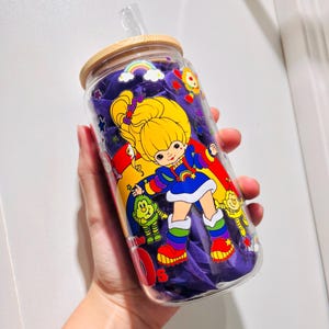 Rainbow Brite | 80s | 16oz Glass Tumbler with Straw and Lid | Glass Can Cup | Iced Coffee | Juice | Cartoon | Retro | Libbey Glass Can