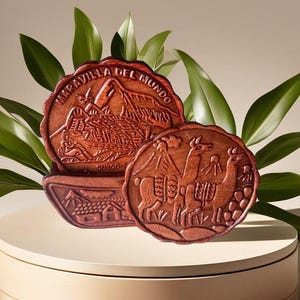 May include: Set of three brown leather coasters with intricate designs. The coasters feature a mountain range, a llama, and a building. The coasters are stacked on top of each other and are surrounded by green leaves.