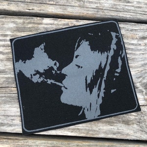 TOKE- Women smoking joint Patch, Sew on canvas, cannabis, Weed, GREY