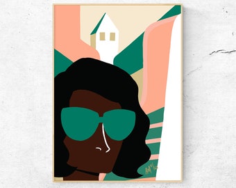 Art Print - "Pin Curls in Cuba" par Anna Maria Garza, Art Voyage, Color block, Vacances, Caraïbes, Art minimaliste, Tropical, Affiche De voyage