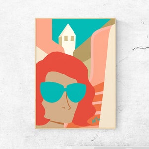 HUMAN MADE - Art Print - &quot;Pin Curls in the Mediterranean&quot; by Anna Maria Garza, Travel art, Vacation, Latino Art, Minimalist Art, Red Head