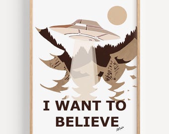 HUMAN MADE - Art Print - "Believe Naturals" van Anna Maria Garza, kleurblok, minimalistisch, ufo, beige tinten, I Want to Believe, X-files
