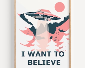 HUMAN MADE - Art Print - "Believe Pink" van Anna Maria Garza, minimalistisch, UFO, Blush Pink, I Want to Believe, X-files, modern, minimalistisch