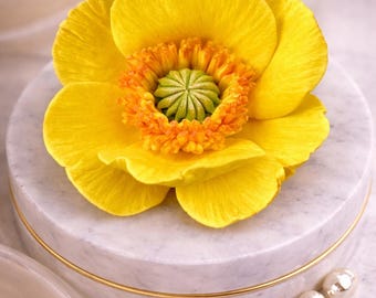 May include: A vibrant yellow flower with a green and orange center rests on a white marble box with a gold trim. The flower's petals are fully open, showcasing its intricate details. A few pearls are scattered nearby.
