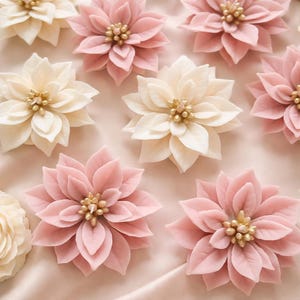 May include: An overhead shot of several poinsettia flowers in varying shades of pink and cream. Each flower has multiple layers of petals and a golden center. The flowers are arranged on a soft, pink surface.