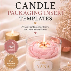 Puede incluir: Una plantilla digital para insertos de empaque de velas con el texto FORTUNA BOTANIQUE, CANDLE PACKAGING INSERT TEMPLATES y YANA en una etiqueta de vela. El diseño incluye iconos para descarga instantánea, formato PDF y editables.