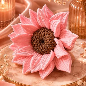 Peut inclure: Une décoration florale sculptée composée de nombreux pétales pointus rose clair disposés en cercle autour d'un centre arrondi, texturé et brun foncé. L'objet est présenté sur une assiette ronde au motif de marbre clair.