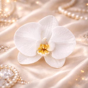 May include: A close-up of a white orchid flower with a yellow center, set against a backdrop of shimmering, cream-colored satin fabric. The satin is adorned with strands of pearls and sparkling embellishments, creating a luxurious and elegant aesthetic.