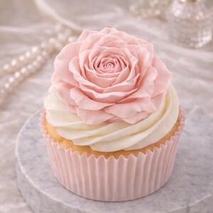 May include: A cupcake with a pink rose on top, set on a marble surface. The cupcake has white frosting and a pink paper liner. Pearls and a perfume bottle are in the background.