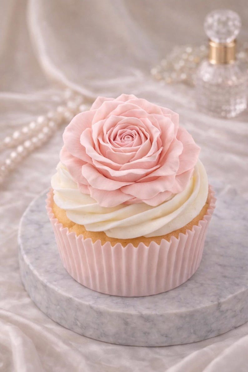 May include: A cupcake with a pink rose on top, set on a marble surface. The cupcake has white frosting and a pink paper liner. Pearls and a perfume bottle are in the background.