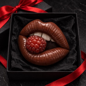 Könnte beinhalten: Eine Schokoladenskulptur von Lippen mit einer Himbeere im Mund, präsentiert in einer schwarzen Geschenkbox mit rotem Band. Die Lippen sind von tiefbrauner Farbe, und die Himbeere ist leuchtend rot.