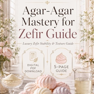 May include: A digital PDF guide titled Agar-Agar Mastery for Zefir Guide by Fortuna Botanique. The cover features a plate of swirled pink, white, and purple zefir, a glass of liquid, a bowl of powder, and a gold spoon on a marble surface.