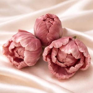 May include: Three pink tulip blooms with ruffled petals rest on a cream-colored satin surface. The flowers are in various stages of opening, showcasing their layered structure and soft color palette. The image highlights the delicate beauty of the floral arrangement.