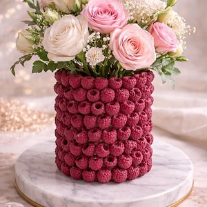 May include: A floral arrangement featuring pink and white roses, greenery, and baby's breath, presented in a vase adorned with fresh raspberries. The vase sits on a marble-topped stand with a gold rim, creating an elegant display.